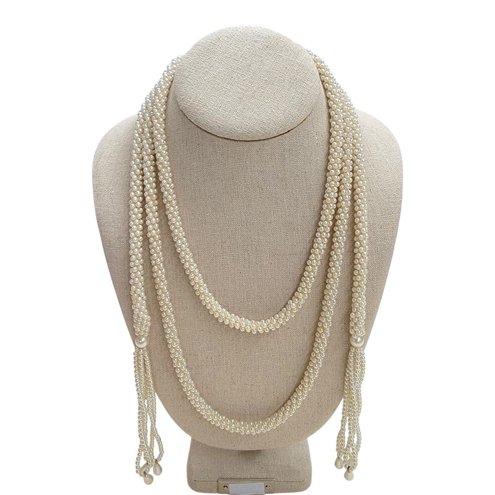 Vintage Faux Pearl Lariat Necklace Woven Rope Tassel Flapper Bridal Wrap 70"